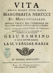 Tapa de Vita della madre suor Maria Margherita Nerucci di Montepulciano, monaca velata nel venerabile monastero delle cappuccine di S. Chiara nella terra di Santa Fiora in Toscana