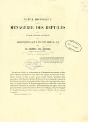 Tapa de Notice historique sur la ménagerie des reptiles du Muséum d'histoire naturelle et observations qui y ont été recueilles