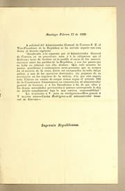 Tapa de A solicitud  del Administrador General de Correos S.E. el Vice-Presidente de la República se ha servido espedir con esta fecha el decreto siguiente ..