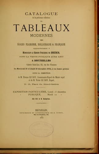 Tapa de Catalogue de la précieuse collection de tableaux modernes des école flamande, hollandaise & française appartenant à Monsieur le Baron Frédéric de Brienen