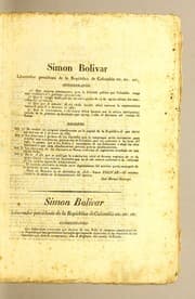 Tapa de Simon Bolivar libertador presidente de la Repùblica de Colombia etc. etc. etc. Considerando 1. Que importa sobremanera para la felicidad pública que Colombia tenga una constitucion i gobierno permanente