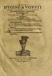 Tapa de C. Ivlii Hygini, Avgvsti liberti, Fabvlarvm liber ... antehac nunquam excusus. Evisdem Poeticon astronomicon libri quatuor. Quibus accesserunt similis agrumenti, Palaephati De fabulosis narrationibus, liber I. F. Fvlgentii Placiadis ... Mythologiarum libri III. Eivsdem De uocum antiquarum interpretatione, liber I. Arati Phainomenon fragmentum, Germanico Caesare interprete. Eivsdem Phaenomena Graece, cum interpretatione latina Procli De sphaera libellus, Graece & Latine. Index rerum & fabularum ...