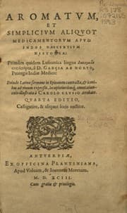 Tapa de Aromatvm, et simplicivm aliqvot medicamentorvm apvd Indos nascentivm historia