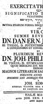 Tapa de Exercitatio critica, qua significatio trium vocum vexatissimarum, [tahash] et [zarzir, dudaʼim], ex intima ipsarum forma disquiritur et illustratur, ad viros summe reverendum Dn. Dan. Ern. Jablonski ... et plurimum reverendum Dn. Joh. Philip. Heinium ..