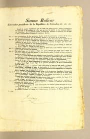 Tapa de Simon Bolivar libertador presidente de la Repùblica de Colombia etc. etc. etc. Siendo de mucha importancia que en todas sus partes se lleve á efecto la disposicion de la ley de 12 de octubre de 1821