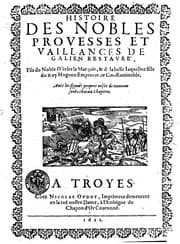 Tapa de L' Histoire des Nobles Proüesse et Vaillances de Gallien restauré. Fils du Noble Olivier le Marquis, & de la belle Jacqueline, fille du Roi Hugon, Empereur de Constantinople