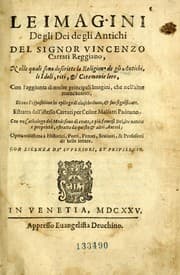 Tapa de Le imagini de gli dei de gli antichi del signor Vincenzo Cartari, reggiano