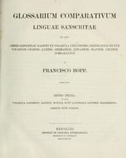Tapa de Glossarium comparativum linguae sanscritae, in quo omnes sanscritae radices et vocabula usitatissima explicantur et cum vocabulis graecis, latinis, germanicis, lituanicis, slavicis, celticis comparantur a Francisco Bopp