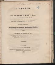 Tapa de A letter to sir Humphry Davy, Bart. president of the Royal Society, etc. etc. on the application of machinery to the purpose of calculating and printing mathematical tables
