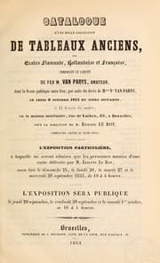 Tapa de Catalogue d'une belle collection de tableaux anciens, des écoles flamande, hollandaise et française, composant le cabinet de feu M. Van Parys, amatuer
