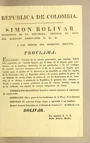 Tapa de Simon Bolivar presidente de la republica, general en xefe del exercito libertador. &c. &c. &c. a las tropas del exercito español