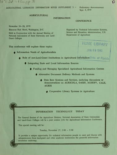 Tapa de Agricultural libraries information notes