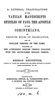 Tapa de A literal translation of the Vatican manuscripts Epistles ... to the Corinthians, ... and an ..