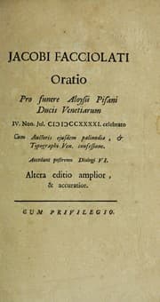 Tapa de Jacobi Facciolati Oratio pro funere Aloysii Pisani, ducis venetiarum, IV non. jul. MDCCXXXXI celebrato cum auctoris ejusdem palinodia, & typographi ven. confessione