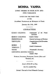 Tapa de Monna Vanna: Lyric Drama in Four Acts & Five Tableaux