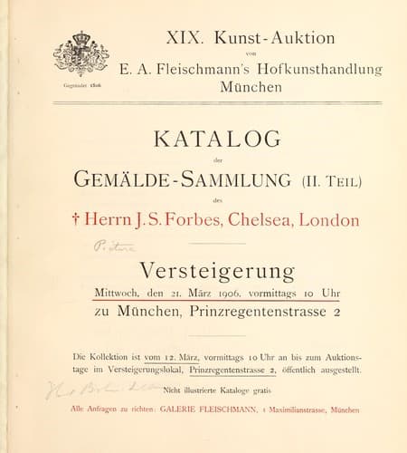 Tapa de Katalog der Gemälde Sammlung (II. Teil) des Herrn J.S. Forbes, Chelsea, London