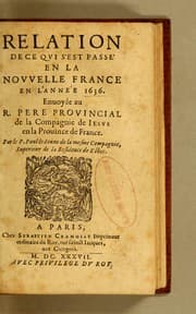 Tapa de Relation de ce qui s'est passé dans le pays des Hurons en l'annee 1636. Enuoyée à Kébec au r.p. Paul le Ieune superieur de la mission de la Compagnie de Iesus, en la Nouuelle France