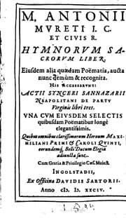 Tapa de Hymnorum sacrorum liber. Eiusdem alia quaedam poematia, aucta nunc demum & recognita. His accesserunt- Actii Syncerii Sannazarii Neapolitani de partu. Virgini libri tres