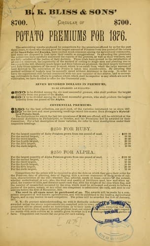 Tapa de B.K. Bliss and Sons' circular of potato premiums for 1876