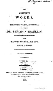 Tapa de The complete works in philosophy, politics, and morals, of the late Dr. Benjamin Franklin, now first collected and arranged