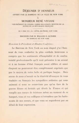 Tapa de De jeuner d'honneur offert