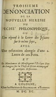 Tapa de Troisiéme denonciation de la nouvelle heresie du peché philosophique, ou, L'on répond à la lettre des Jesuites sur le même sujet