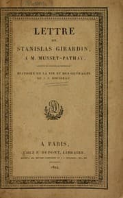 Tapa de Lettre de Stanislas Girardin, à m. Musset-Pathay, auteur de l'ouvrage intitulé : Histoire de la vie et des ouvrages de J.J. Rousseau