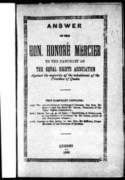 Tapa de Answer of the Hon. Honoré Mercier to the pamphlet of the Equal Rights Association against the majority of the inhabitants of the Province of Quebec
