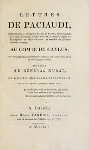 Tapa de Lettres de Paciaudi, bibliothécaire et antiquaire du duc de Parme, historiographe de l'ordre de Malte, associé libre de l'Académie royale des inscriptions et belles-lettres, et membre de plusieurs sociétés savantes, au comte de Caylus