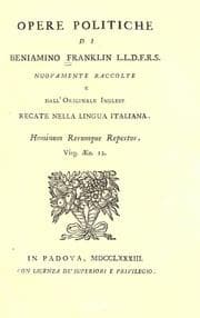Tapa de Opere politiche di Beniamino Franklin, L.L.D., F.R.S