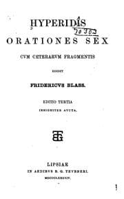 Tapa de Hyperidis Orationes sex cum ceteratum fragmentis edidit Fridericus Blass