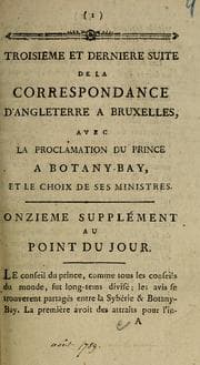Tapa de Troisième et dernière suite de la correspondence d'Angleterre à Bruxelles, avec la proclamation du prince à Botany-Bay, et le choix de ses ministres