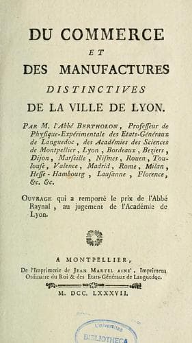 Tapa de Du commerce et des manufactures distinctives de la ville de Lyon