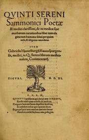 Tapa de Quinti Sereni Sammonici poetae De re medica siue morborum curationibus liber tum elegans tum humanae saluti perquàm utilis, & diligenter emendatus