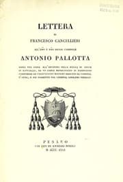 Tapa de Lettera di Francesco Cancellieri all' Em̄o e Rm̄o signor cardinale Antonio Pallotta sopra una copia all' encausto della Scuola di Atene di Raffaello, ed un codice membranaceo di Ferdinando Cordubense De consultandi ratione, dedicato al cardinal d'Ausia, e poi posseduto dal cardinal Girolamo Verallo