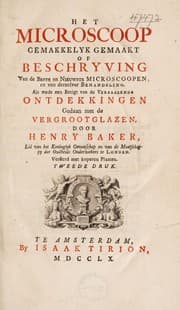 Tapa de Het microscoop gemakkelyk gemaakt; of, Beschryving van de beste en nieuwste microscoopen, en van derzelver behandeling. Als mede een berigt van de verbaazende ontdekkingen gedaan met de vergrootglazen ...