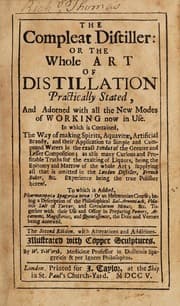 Tapa de The compleat distiller: or, The whole art of distillation practically stated, and adorned with all the new modes of working now in use. In which is contained the way of making spirits ... To which is added, Pharmacopaeia Spagyrica nova: or an Helmontian course ... Illustrated with copper sculptures