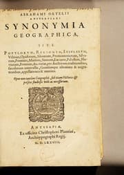Tapa de Abrahami Ortelii Antverpiani Synonymia geographica, sive populorum, regionum, insularum ... appellationes & nomina